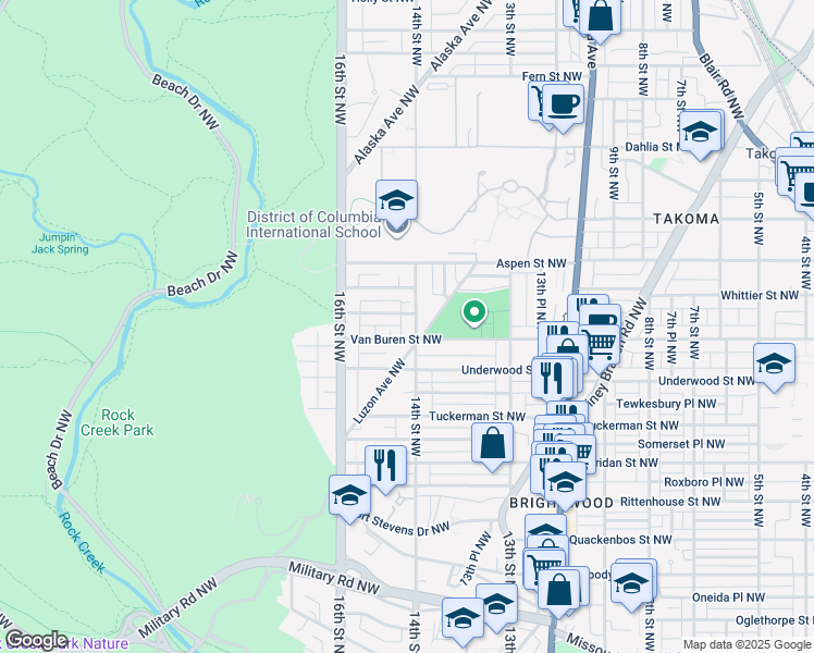 map of restaurants, bars, coffee shops, grocery stores, and more near 6608 14th Street Northwest in Washington