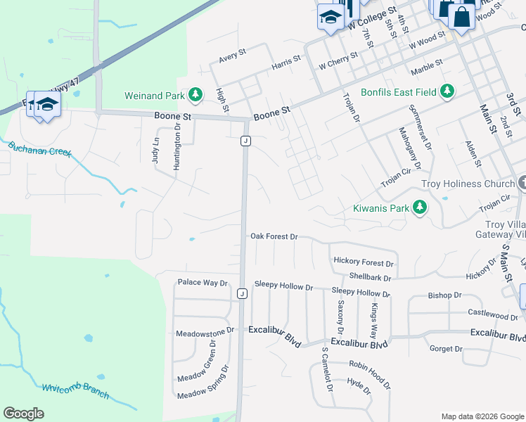 map of restaurants, bars, coffee shops, grocery stores, and more near 200 Highway J in Troy