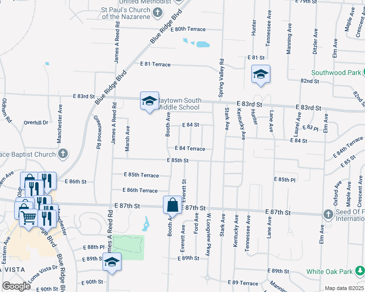 map of restaurants, bars, coffee shops, grocery stores, and more near 8613 East 84 Terrace in Raytown