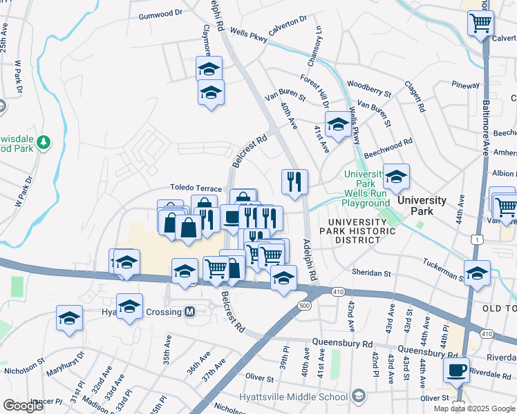 map of restaurants, bars, coffee shops, grocery stores, and more near 3308 Toledo Road in Hyattsville