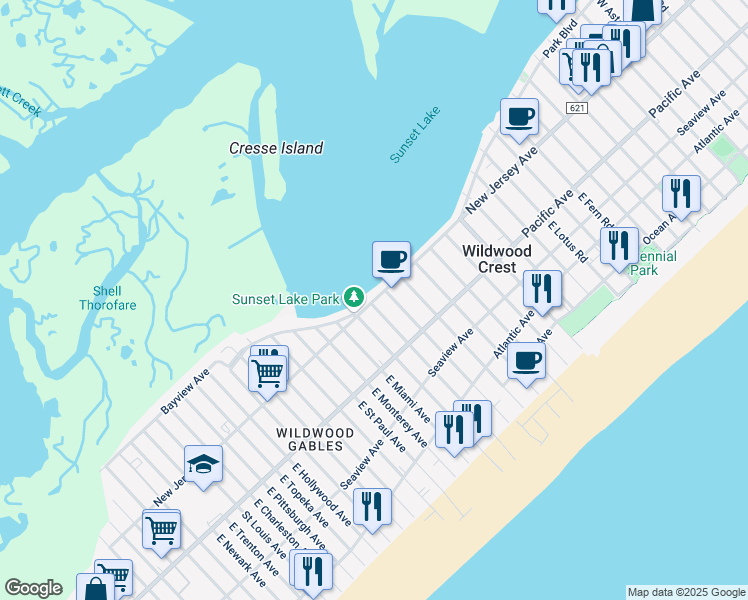 map of restaurants, bars, coffee shops, grocery stores, and more near 7703 New Jersey Avenue in Wildwood Crest
