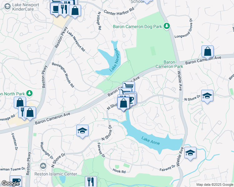 map of restaurants, bars, coffee shops, grocery stores, and more near 11444 North Shore Drive in Reston
