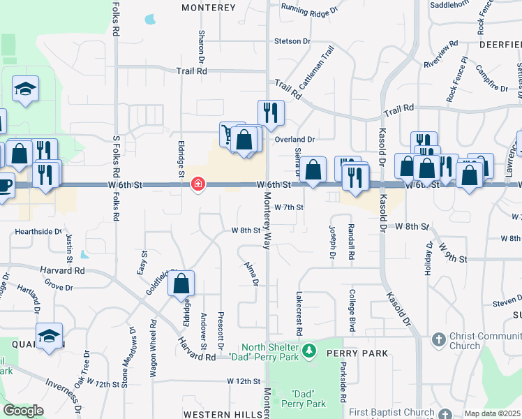 map of restaurants, bars, coffee shops, grocery stores, and more near 627 Monterey Way in Lawrence