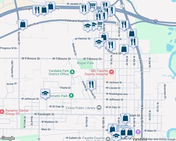 map of restaurants, bars, coffee shops, grocery stores, and more near 921 North Tenth Street in Vandalia