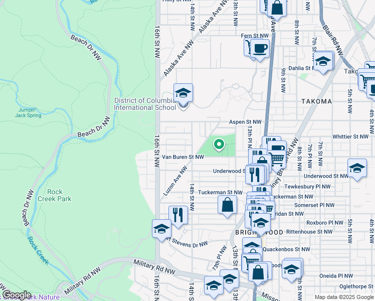 map of restaurants, bars, coffee shops, grocery stores, and more near 6608 14th Street Northwest in Washington
