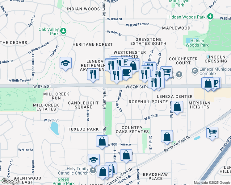 map of restaurants, bars, coffee shops, grocery stores, and more near 8710 Caenen Lake Road in Lenexa