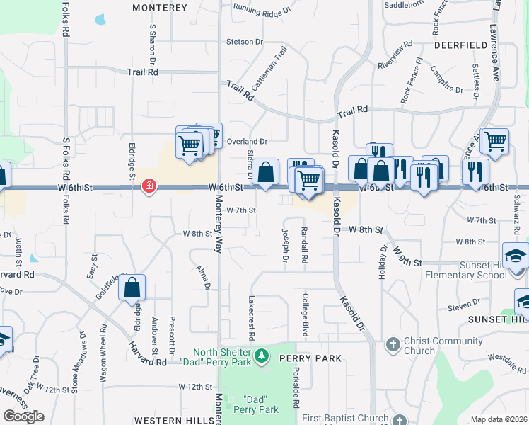 map of restaurants, bars, coffee shops, grocery stores, and more near 700 Comet Lane in Lawrence
