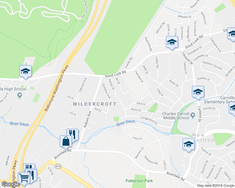 map of restaurants, bars, coffee shops, grocery stores, and more near 6621 Adrian Street in New Carrollton