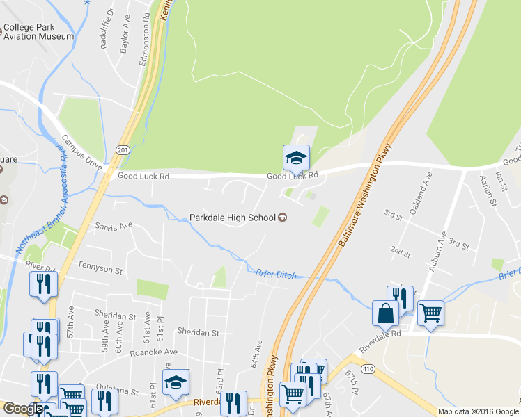 map of restaurants, bars, coffee shops, grocery stores, and more near 5719 Silk Tree Drive in Riverdale Park