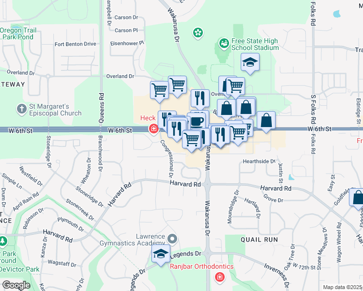 map of restaurants, bars, coffee shops, grocery stores, and more near 5014 Congressional Way in Lawrence