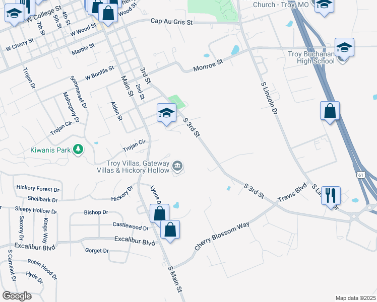 map of restaurants, bars, coffee shops, grocery stores, and more near 1255 South 3rd Street in Troy
