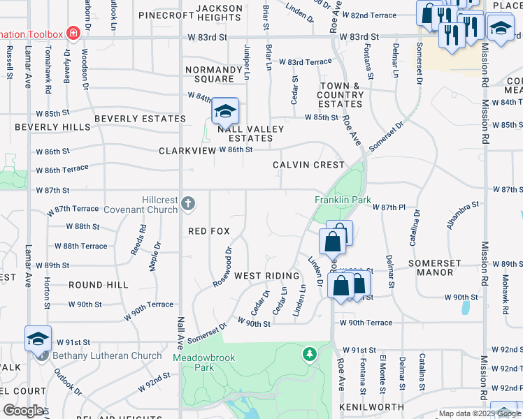 map of restaurants, bars, coffee shops, grocery stores, and more near 4969 West 88th Street in Prairie Village