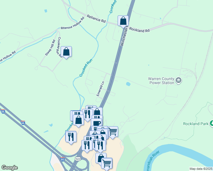 map of restaurants, bars, coffee shops, grocery stores, and more near Emerald Lane in Front Royal