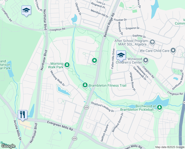 map of restaurants, bars, coffee shops, grocery stores, and more near 42478 Mildred Landing Square in Brambleton