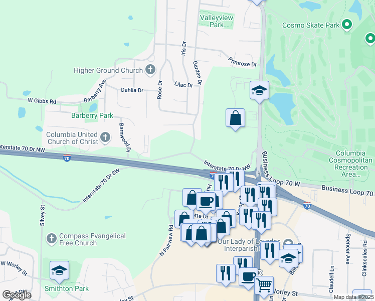 map of restaurants, bars, coffee shops, grocery stores, and more near 2604 Interstate 70 Dr NW in Columbia