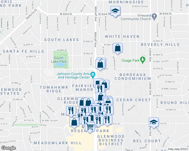 map of restaurants, bars, coffee shops, grocery stores, and more near 8738 Metcalf Lane in Overland Park