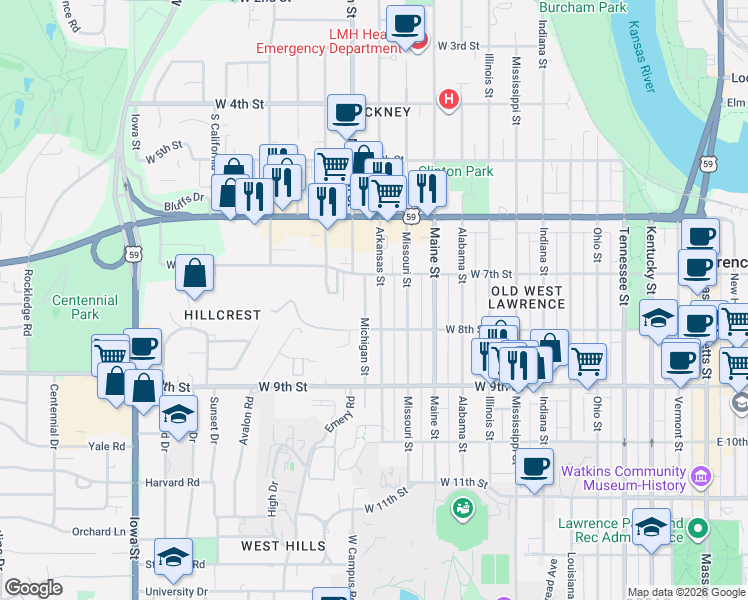 map of restaurants, bars, coffee shops, grocery stores, and more near 731-733 Arkansas St in Lawrence