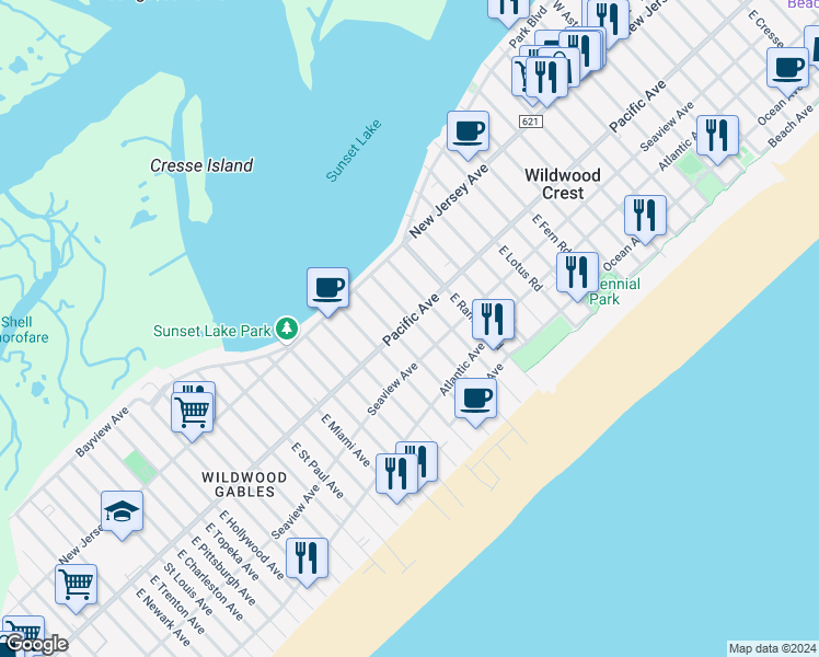 map of restaurants, bars, coffee shops, grocery stores, and more near 7403 Pacific Avenue in Wildwood Crest