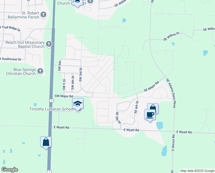 map of restaurants, bars, coffee shops, grocery stores, and more near 8031 Southwest 1st Street in Blue Springs