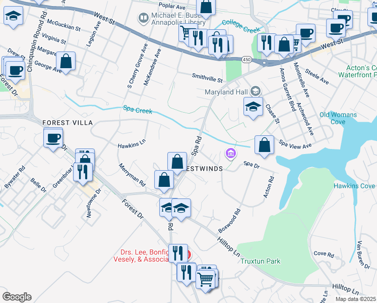 map of restaurants, bars, coffee shops, grocery stores, and more near 988 Spa Road in Annapolis