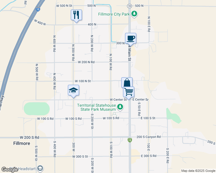 map of restaurants, bars, coffee shops, grocery stores, and more near 75 North 100 West Street in Fillmore
