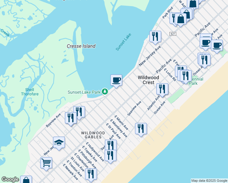 map of restaurants, bars, coffee shops, grocery stores, and more near 7703 New Jersey Avenue in Wildwood Crest