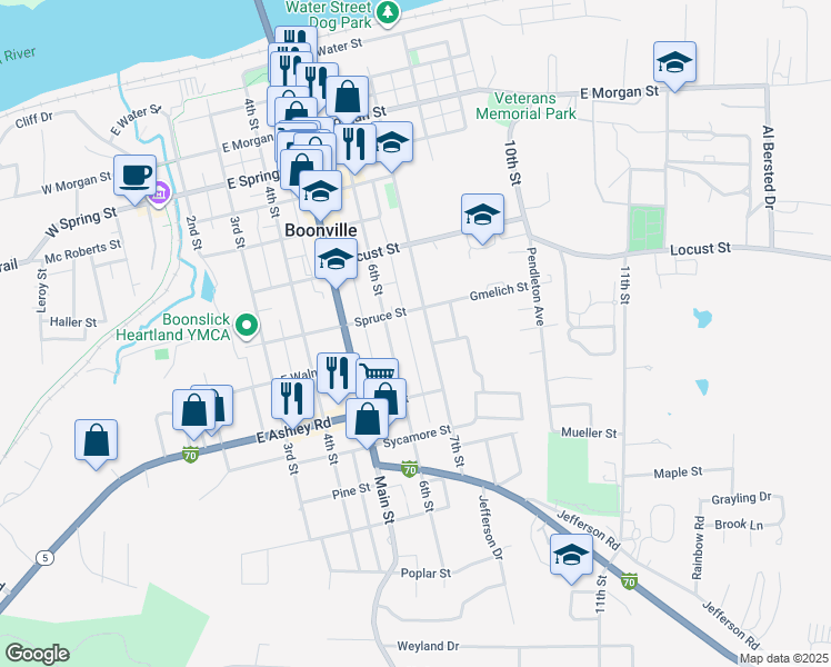 map of restaurants, bars, coffee shops, grocery stores, and more near 817 7th Street in Boonville