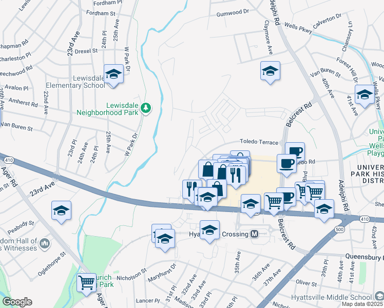 map of restaurants, bars, coffee shops, grocery stores, and more near 3350 Toledo Terrace in Hyattsville
