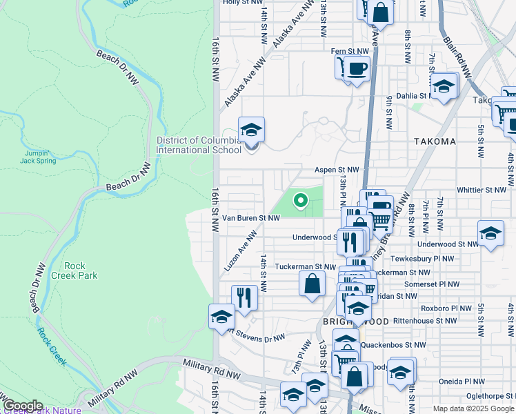 map of restaurants, bars, coffee shops, grocery stores, and more near 6612 14th Street Northwest in Washington