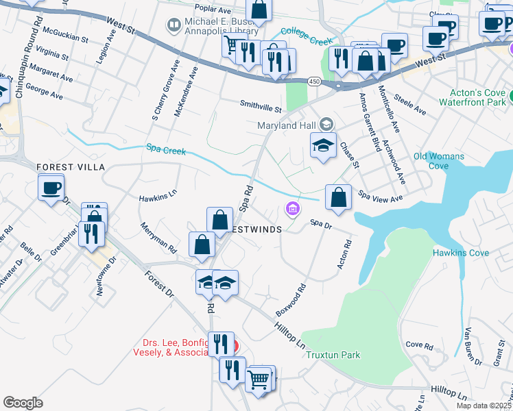 map of restaurants, bars, coffee shops, grocery stores, and more near 7 Silopanna Road in Annapolis