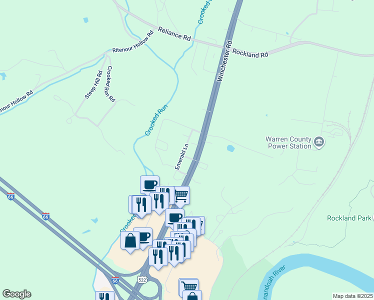 map of restaurants, bars, coffee shops, grocery stores, and more near Emerald Lane in Front Royal