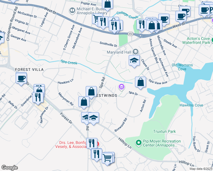 map of restaurants, bars, coffee shops, grocery stores, and more near 7 Silopanna Road in Annapolis