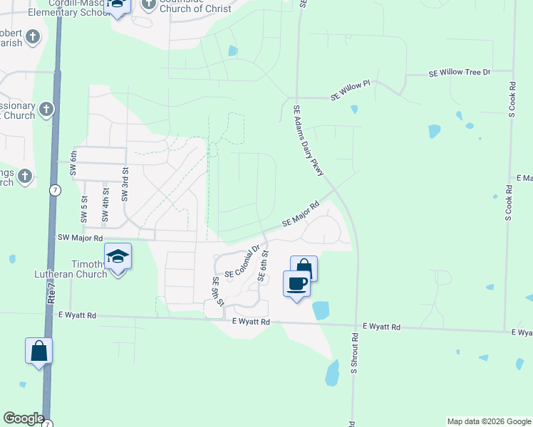 map of restaurants, bars, coffee shops, grocery stores, and more near 601 Southeast Colonial Drive in Blue Springs
