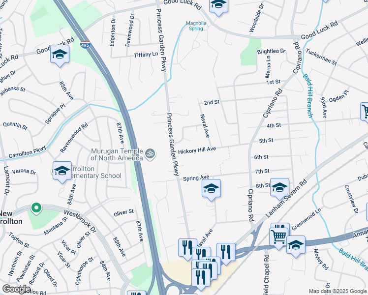 map of restaurants, bars, coffee shops, grocery stores, and more near 8904 Hickory Hill Avenue in Lanham