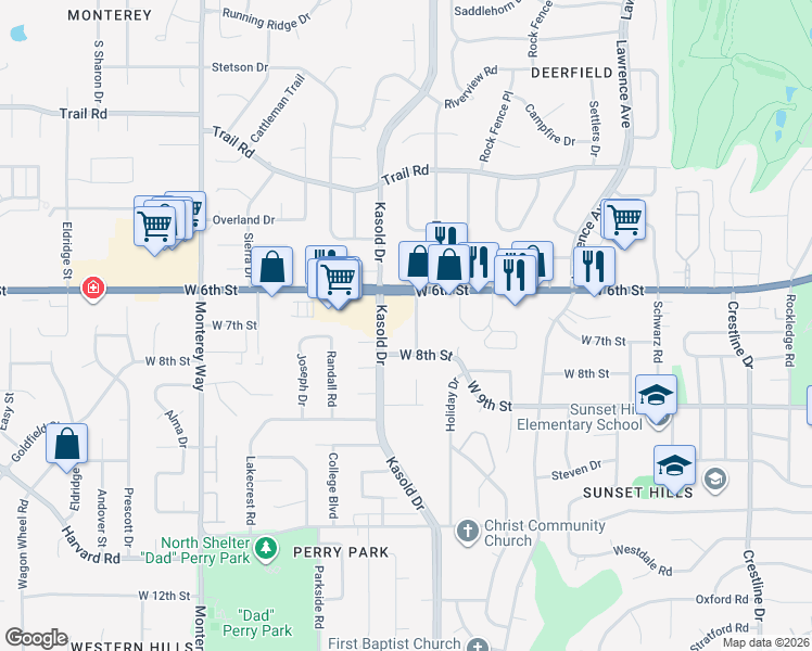 map of restaurants, bars, coffee shops, grocery stores, and more near 721 Arizona Street in Lawrence