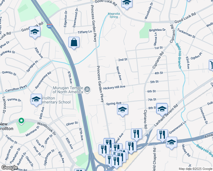 map of restaurants, bars, coffee shops, grocery stores, and more near 8904 Hickory Hill Avenue in Lanham