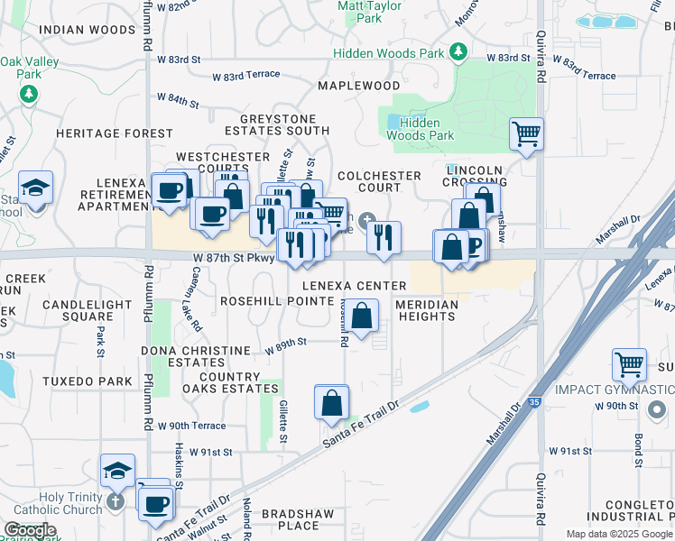 map of restaurants, bars, coffee shops, grocery stores, and more near 12815 West 87th Street Parkway in Lenexa