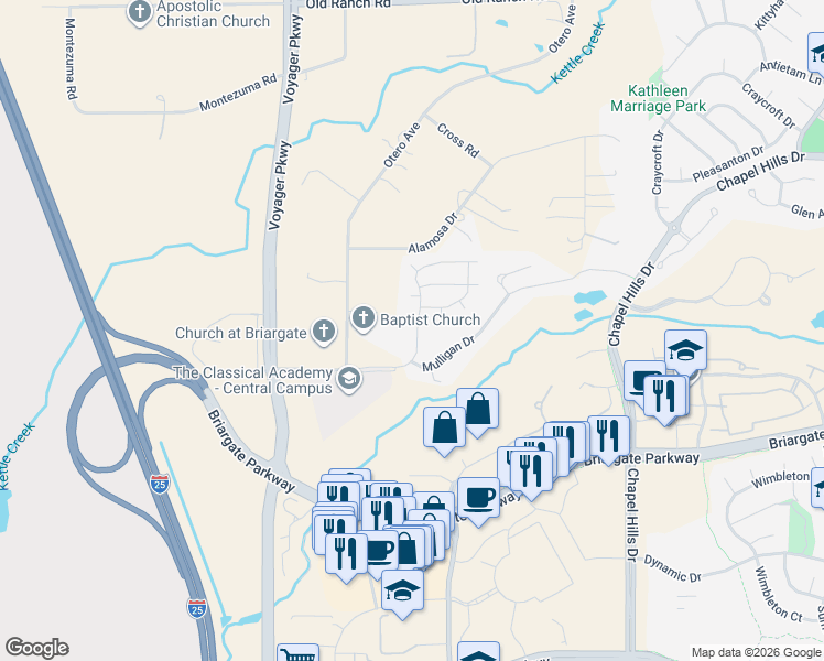 map of restaurants, bars, coffee shops, grocery stores, and more near 1895 Springcrest Road in Colorado Springs