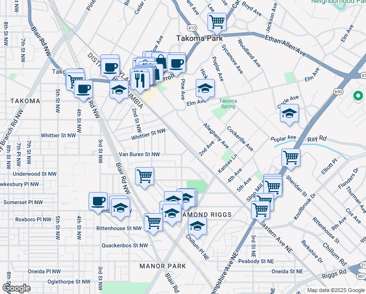 map of restaurants, bars, coffee shops, grocery stores, and more near 6614 Eastern Avenue Northwest in Washington