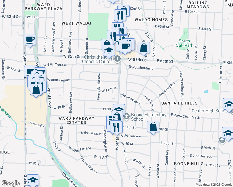 map of restaurants, bars, coffee shops, grocery stores, and more near 418 West 87th Terrace in Kansas City