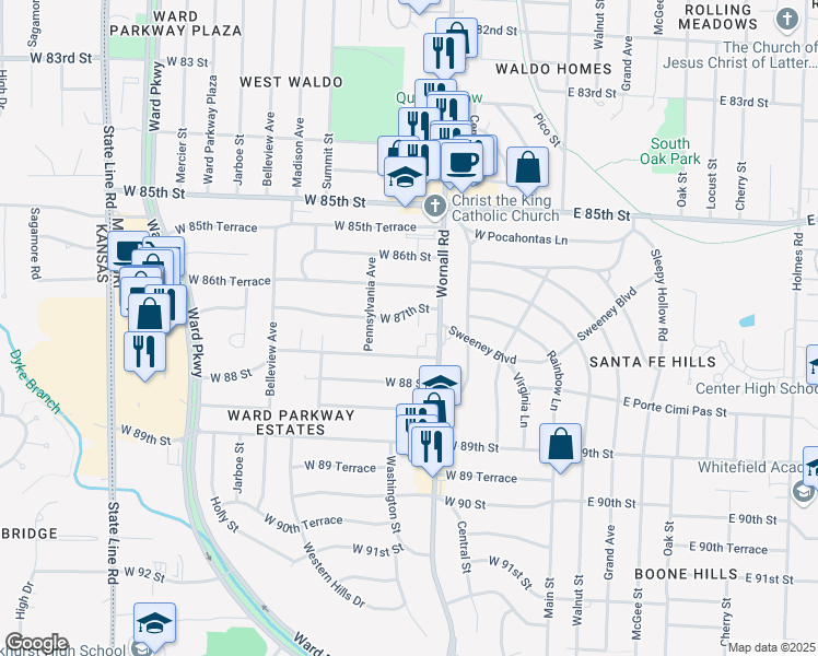 map of restaurants, bars, coffee shops, grocery stores, and more near 418 West 87th Terrace in Kansas City
