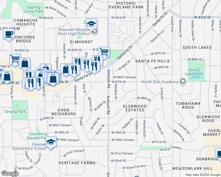 map of restaurants, bars, coffee shops, grocery stores, and more near 8715 Antioch Road in Overland Park