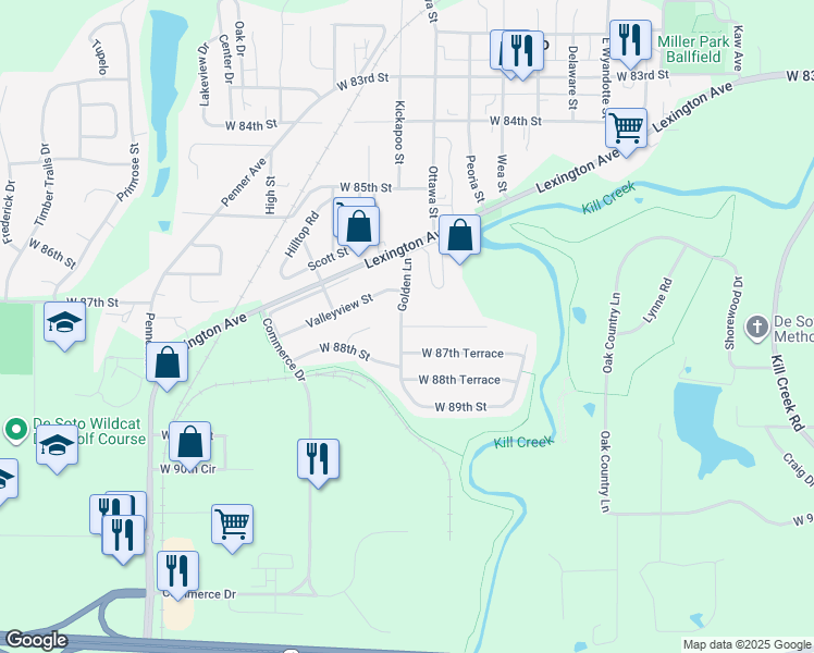 map of restaurants, bars, coffee shops, grocery stores, and more near 33382 West 87th Terrace in De Soto
