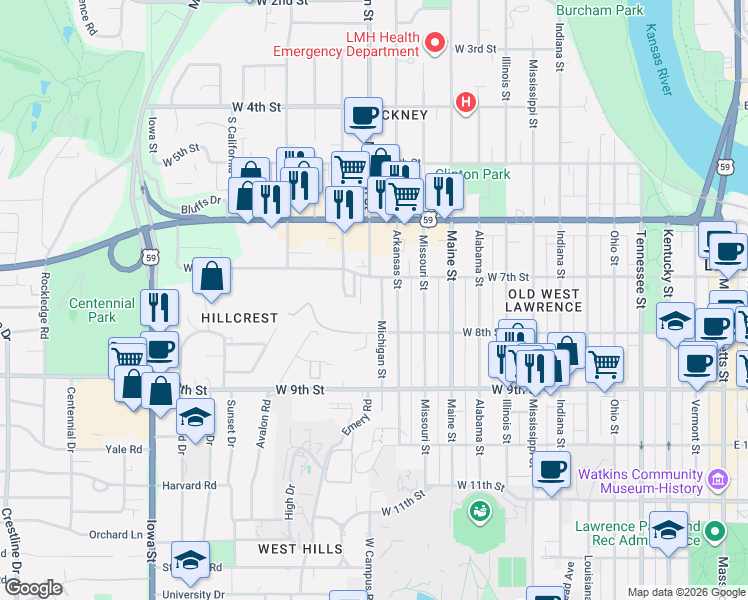 map of restaurants, bars, coffee shops, grocery stores, and more near 1411 Lynch Court in Lawrence