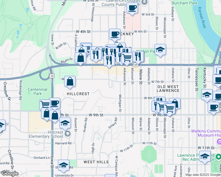 map of restaurants, bars, coffee shops, grocery stores, and more near 1411 Lynch Court in Lawrence