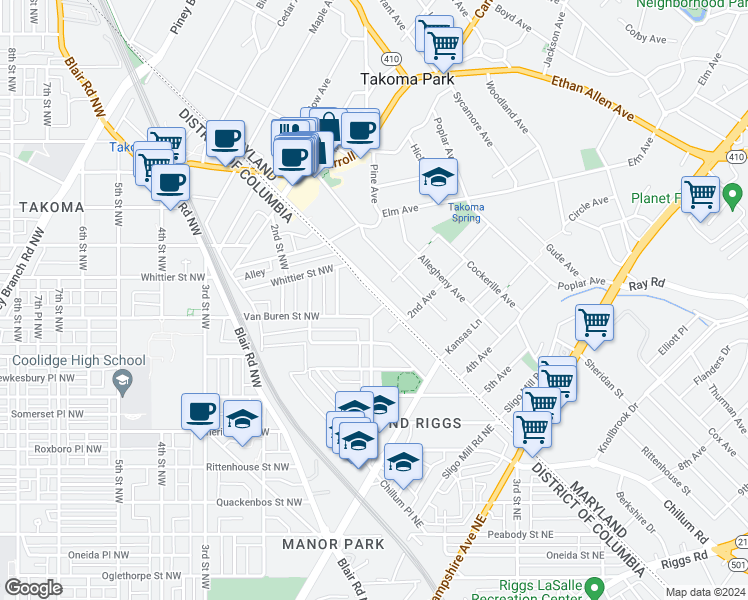 map of restaurants, bars, coffee shops, grocery stores, and more near 6614 Eastern Avenue Northwest in Washington