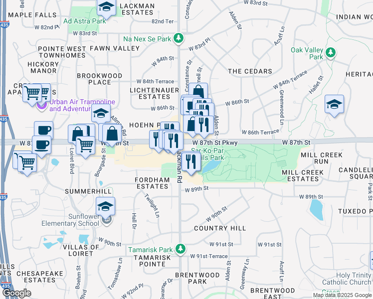 map of restaurants, bars, coffee shops, grocery stores, and more near 15055 West 87th Street in Lenexa