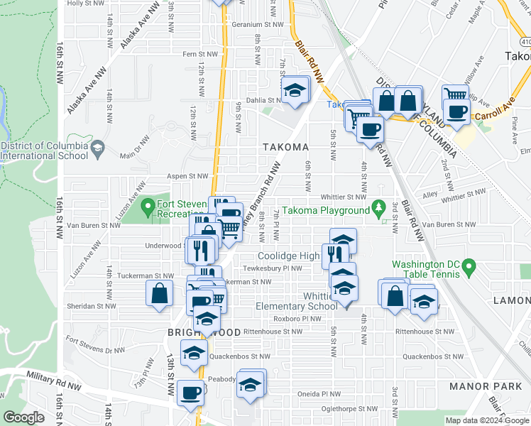 map of restaurants, bars, coffee shops, grocery stores, and more near 6615 8th Street Northwest in Washington