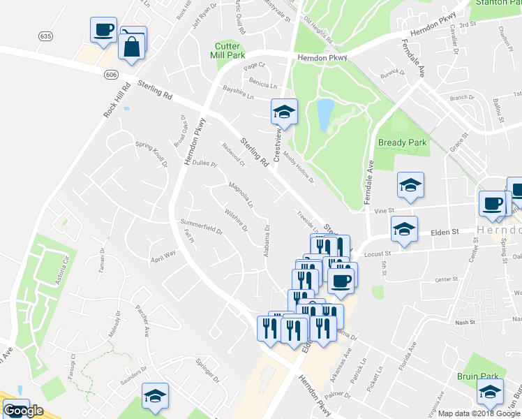 map of restaurants, bars, coffee shops, grocery stores, and more near 1208 Magnolia Lane in Herndon