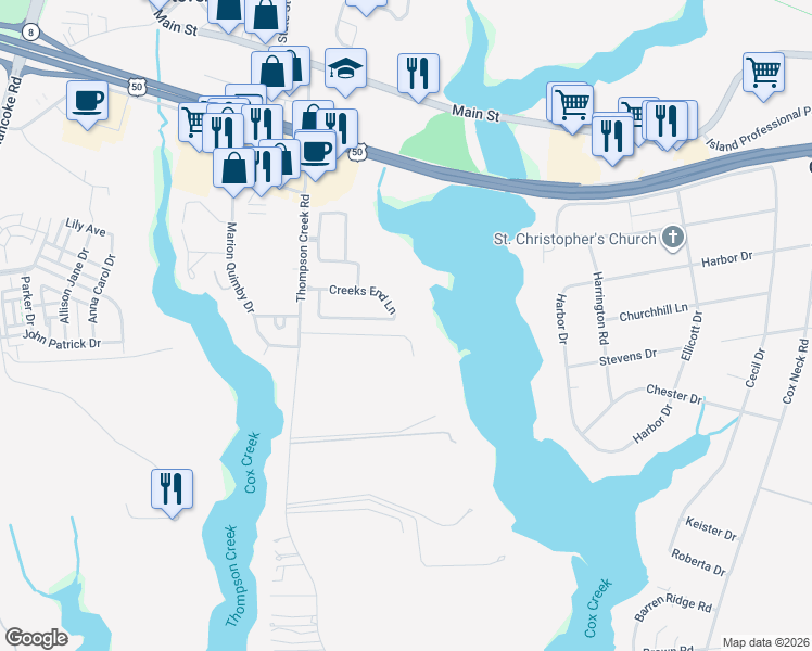 map of restaurants, bars, coffee shops, grocery stores, and more near 407 Creeks End Lane in Stevensville